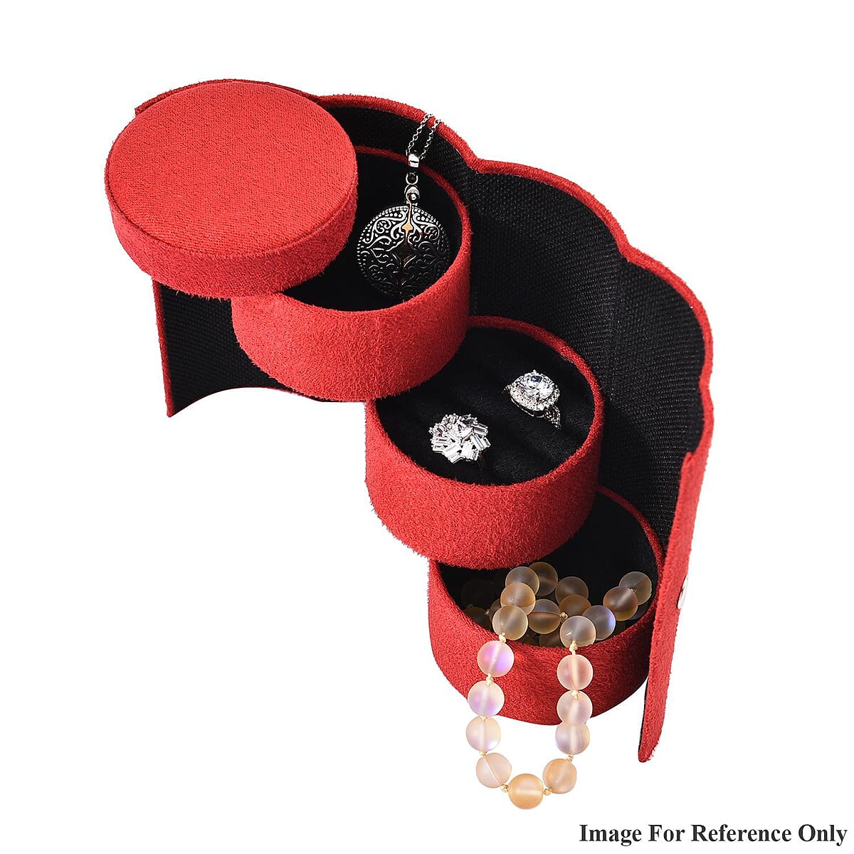 Red Velvet Three Layer Cylinder Shape Jewelry Box with Top Cap and Snap Button Closure image number 4