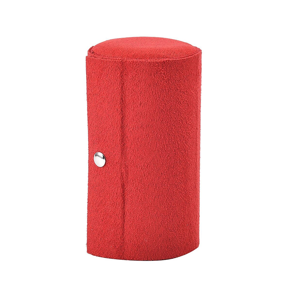 Red Velvet Three Layer Cylinder Shape Jewelry Box with Top Cap and Snap Button Closure image number 5