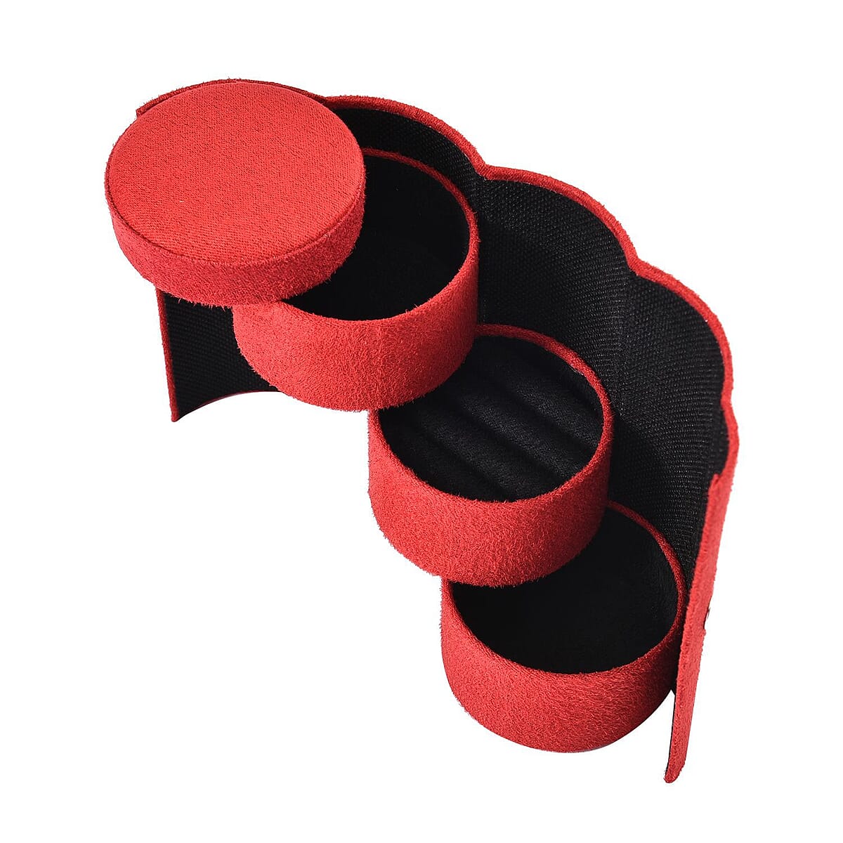 Red Velvet Three Layer Cylinder Shape Jewelry Box with Top Cap and Snap Button Closure image number 6