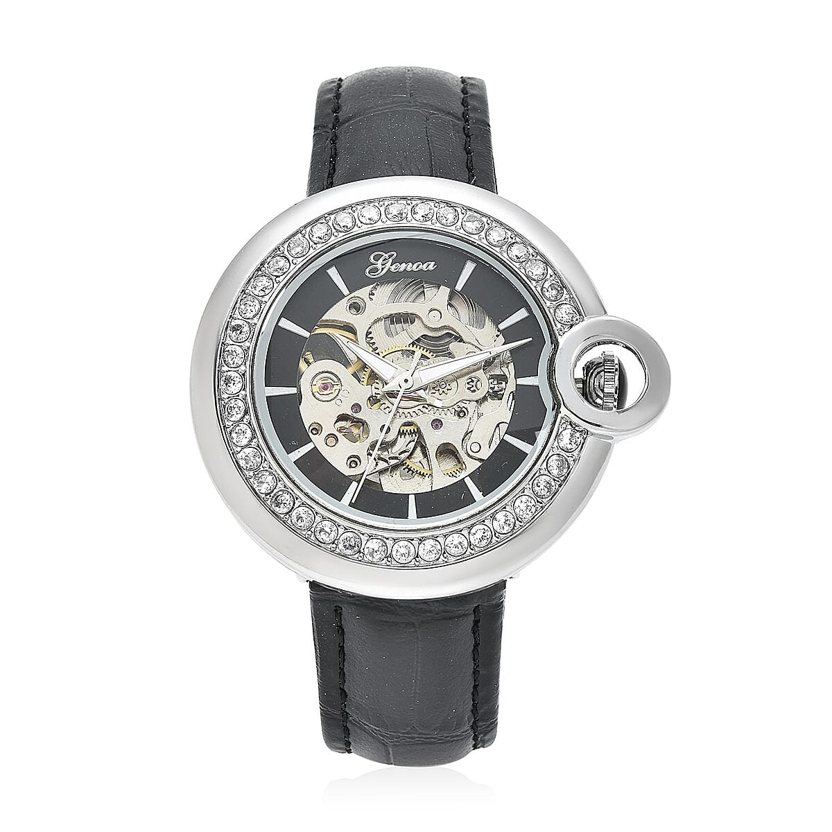 GENOA Simulated Diamond Automatic Mechanical Movement Watch with Black Genuine Leather Strap (40mm) (7.25-8.25 Inches) 1.10 ctw image number 0