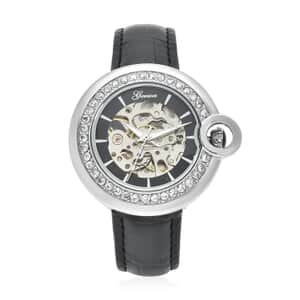 Genoa Simulated Diamond Automatic Mechanical Movement Watch with Black Genuine Leather Strap (40mm) (7.25-8.25 Inches) 1.10 ctw
