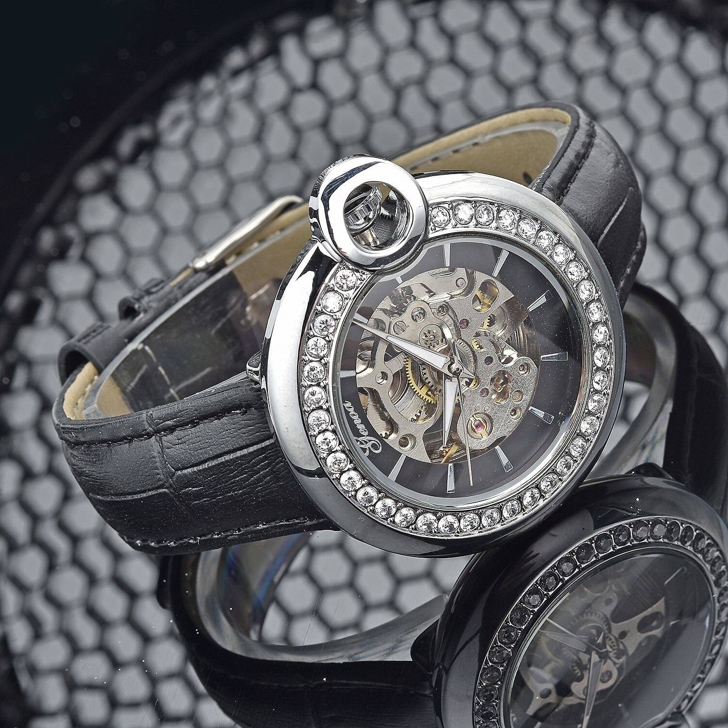 Genoa Simulated Diamond Automatic Mechanical Movement Watch with Black Genuine Leather Strap (40mm) (7.25-8.25 Inches) 1.10 ctw