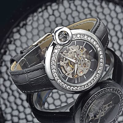Genoa Simulated Diamond Automatic Mechanical Movement Watch with Black Genuine Leather Strap (40mm) (7.25-8.25 Inches) 1.10 ctw