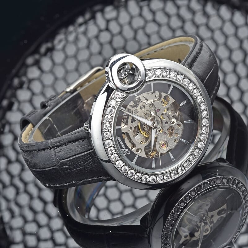 Genoa Simulated Diamond Automatic Mechanical Movement Watch with Black Genuine Leather Strap (40mm) (7.25-8.25 Inches) 1.10 ctw
