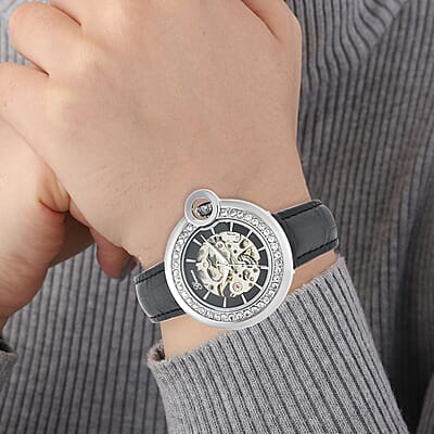 Genoa Simulated Diamond Automatic Mechanical Movement Watch with Black Genuine Leather Strap (40mm) (7.25-8.25 Inches) 1.10 ctw