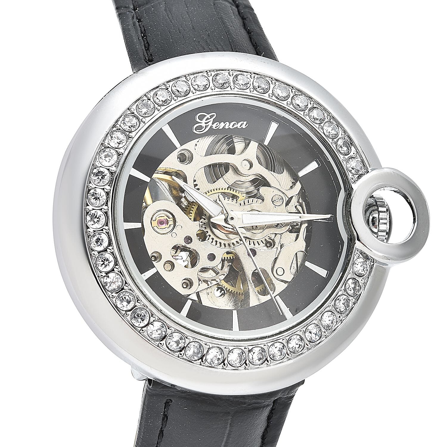 Genoa Simulated Diamond Automatic Mechanical Movement Watch with Black Genuine Leather Strap (40mm) (7.25-8.25 Inches) 1.10 ctw