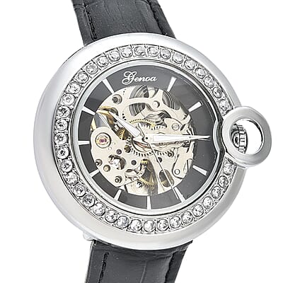 Genoa Simulated Diamond Automatic Mechanical Movement Watch with Black Genuine Leather Strap (40mm) (7.25-8.25 Inches) 1.10 ctw