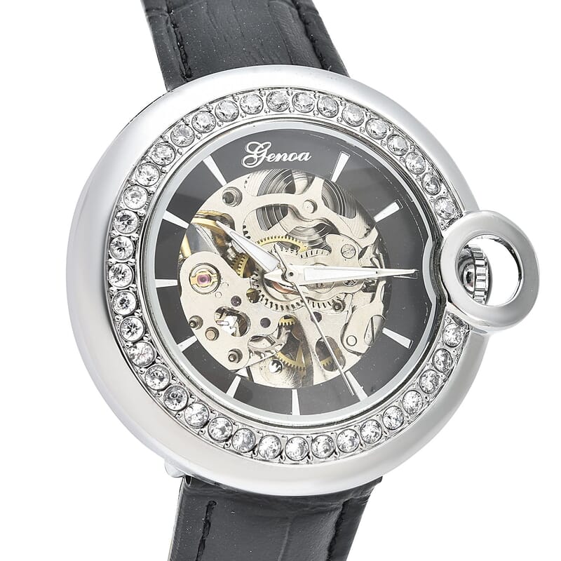 Genoa Simulated Diamond Automatic Mechanical Movement Watch with Black Genuine Leather Strap (40mm) (7.25-8.25 Inches) 1.10 ctw