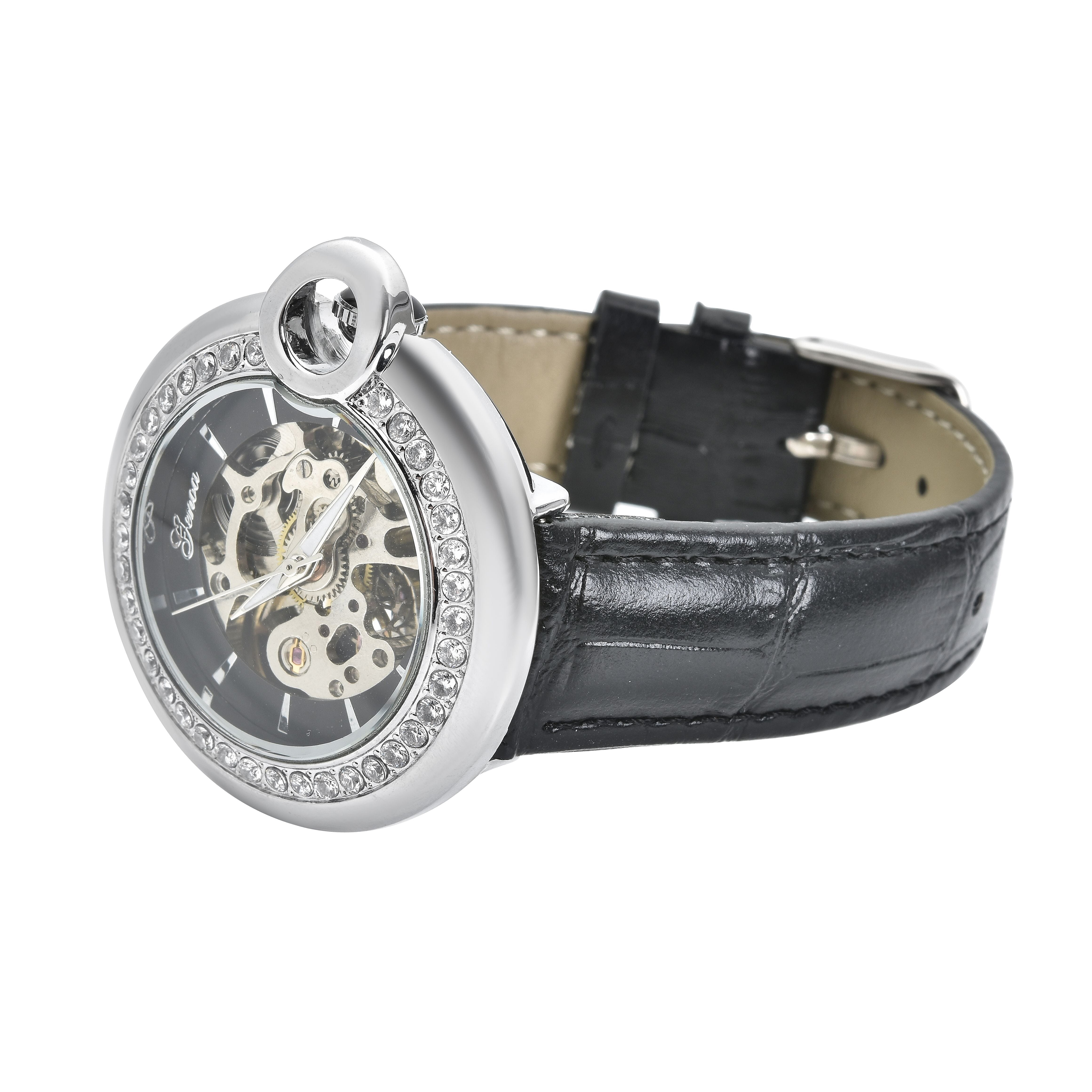 Genoa Simulated Diamond Automatic Mechanical Movement Watch with Black Genuine Leather Strap (40mm) (7.25-8.25 Inches) 1.10 ctw