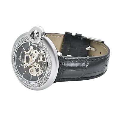Genoa Simulated Diamond Automatic Mechanical Movement Watch with Black Genuine Leather Strap (40mm) (7.25-8.25 Inches) 1.10 ctw