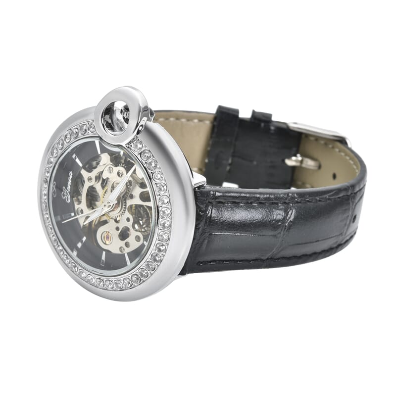 Genoa Simulated Diamond Automatic Mechanical Movement Watch with Black Genuine Leather Strap (40mm) (7.25-8.25 Inches) 1.10 ctw