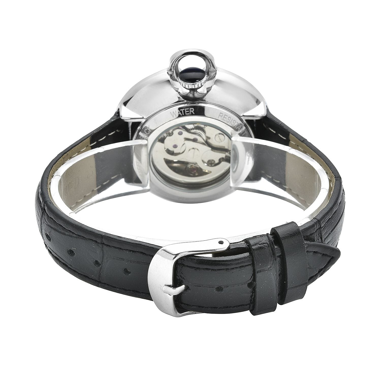 Genoa Simulated Diamond Automatic Mechanical Movement Watch with Black Genuine Leather Strap (40mm) (7.25-8.25 Inches) 1.10 ctw