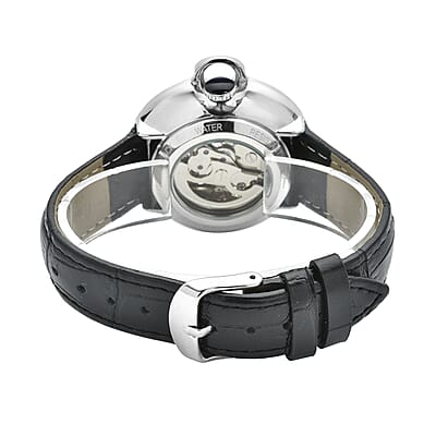 Genoa Simulated Diamond Automatic Mechanical Movement Watch with Black Genuine Leather Strap (40mm) (7.25-8.25 Inches) 1.10 ctw