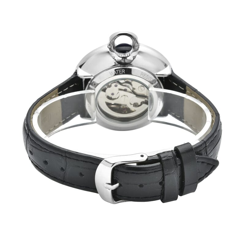 Genoa Simulated Diamond Automatic Mechanical Movement Watch with Black Genuine Leather Strap (40mm) (7.25-8.25 Inches) 1.10 ctw