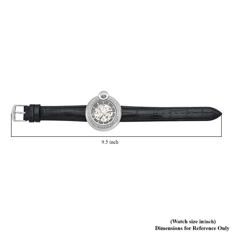 Genoa Simulated Diamond Automatic Mechanical Movement Watch with Black Genuine Leather Strap (40mm) (7.25-8.25 Inches) 1.10 ctw