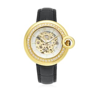 Genoa Simulated Diamond Automatic Mechanical Movement Watch with Black Genuine Leather Strap (40mm) (7.25-8.25 Inches) 1.10 ctw