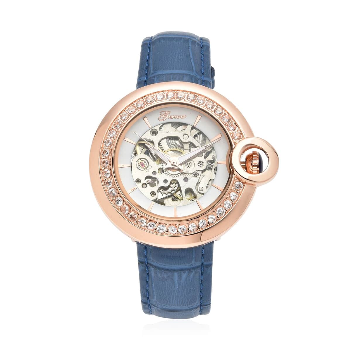 Genoa Simulated Diamond Automatic Mechanical Movement Watch with Blue Genuine Leather Strap (40mm) (7.25-8.25 Inches) 1.10 ctw image number 0