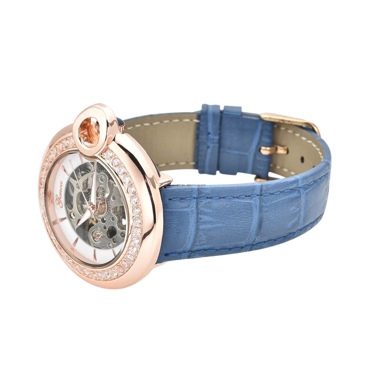 Genoa Simulated Diamond Automatic Mechanical Movement Watch with Blue Genuine Leather Strap (40mm) (7.25-8.25 Inches) 1.10 ctw image number 4