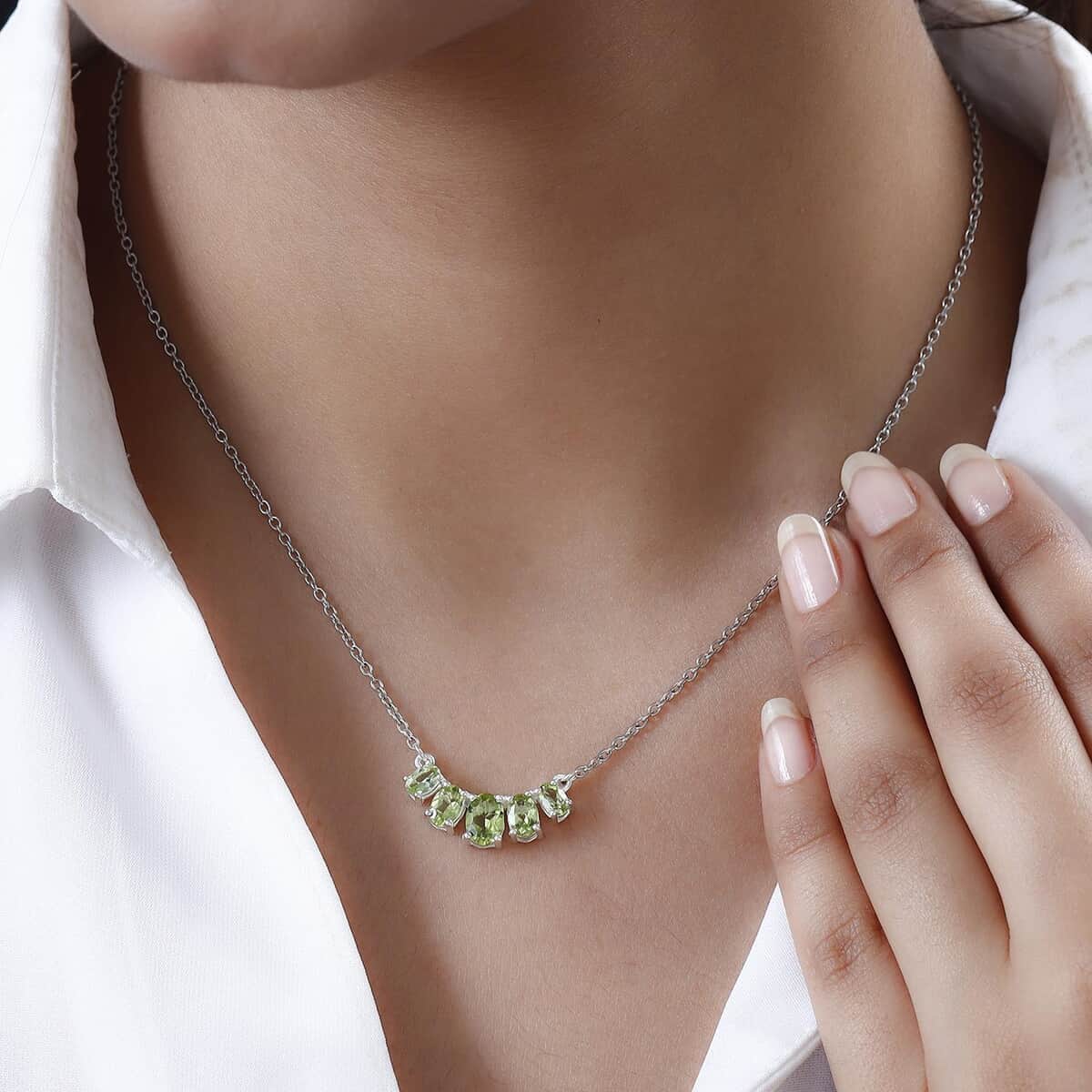 Peridot Necklace 18 Inches in Sterling Silver and Stainless Steel 2.50 ctw image number 2