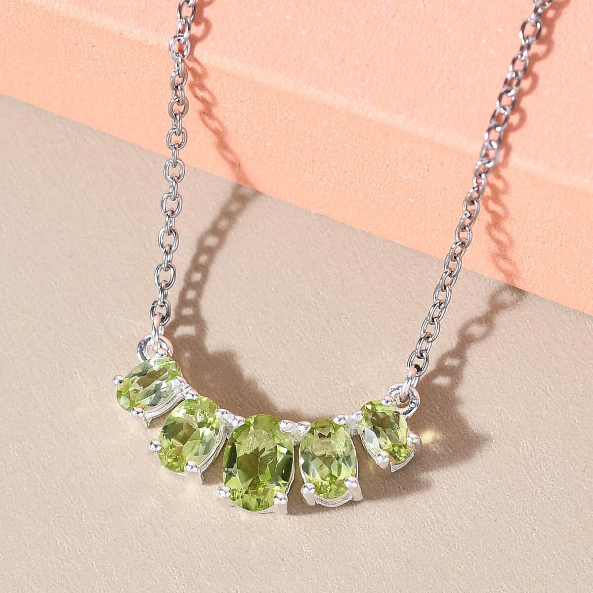 Peridot Necklace 18 Inches in Sterling Silver and Stainless Steel 2.50 ctw image number 4