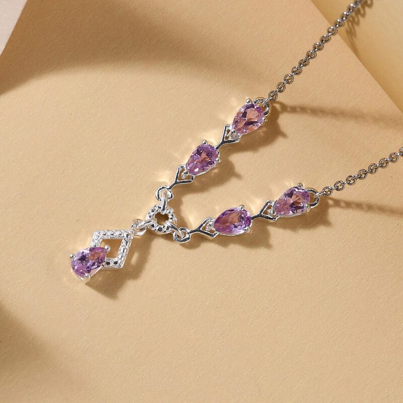 D'Joy Rose De France Amethyst Necklace 18 Inches in Platinum Over Sterling Silver and Stainless Steel 1.85 ctw