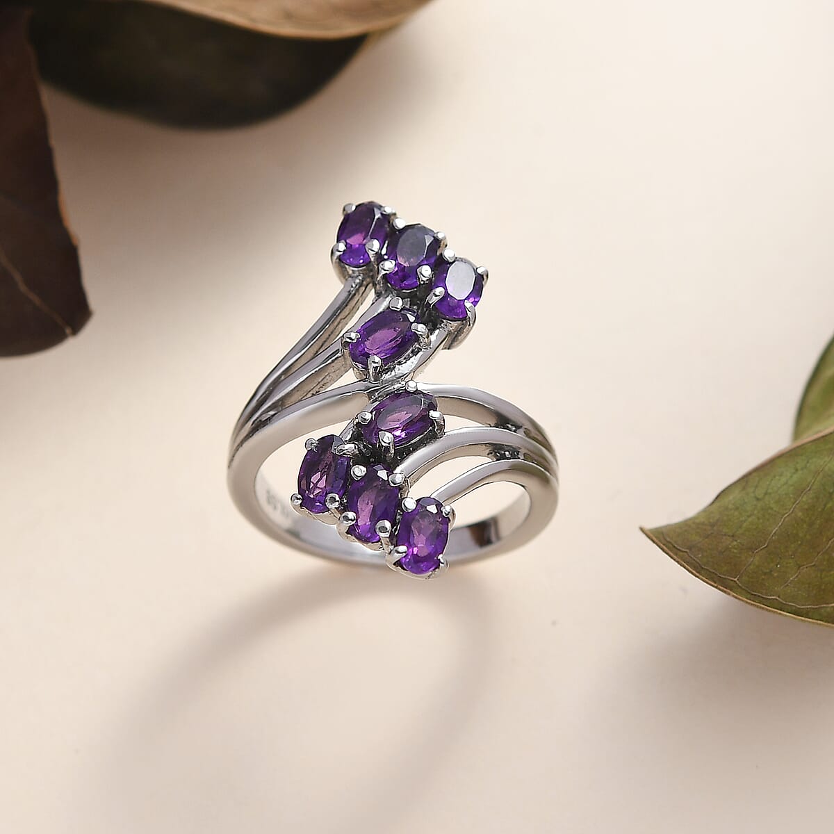 Amethyst Bypass Ring in Stainless Steel (Size 9.0) 1.75 ctw image number 1