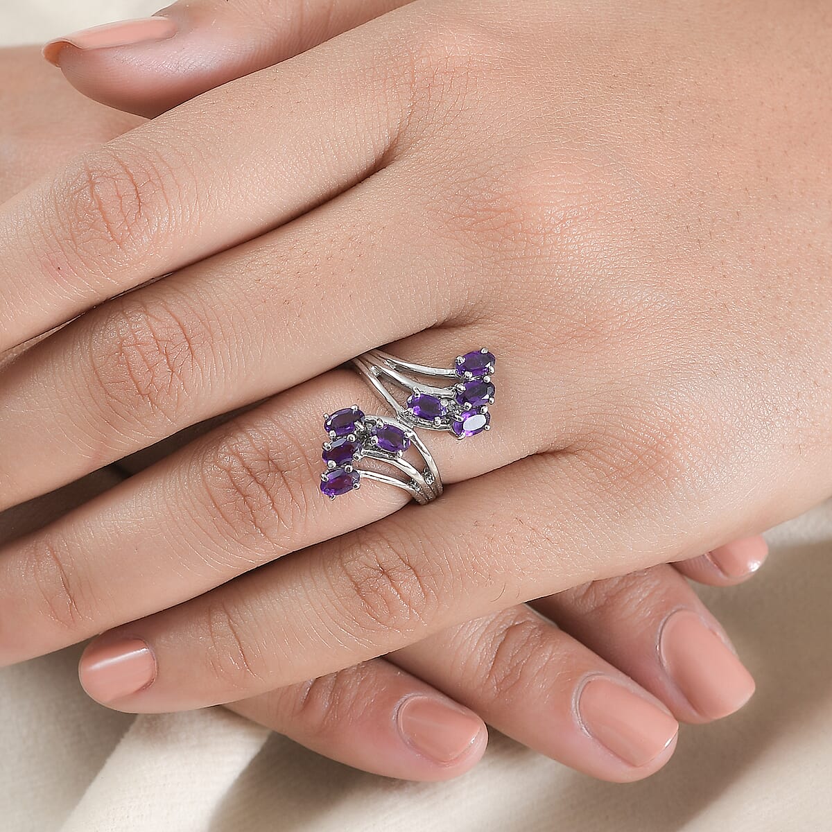 Amethyst Bypass Ring in Stainless Steel (Size 9.0) 1.75 ctw image number 2