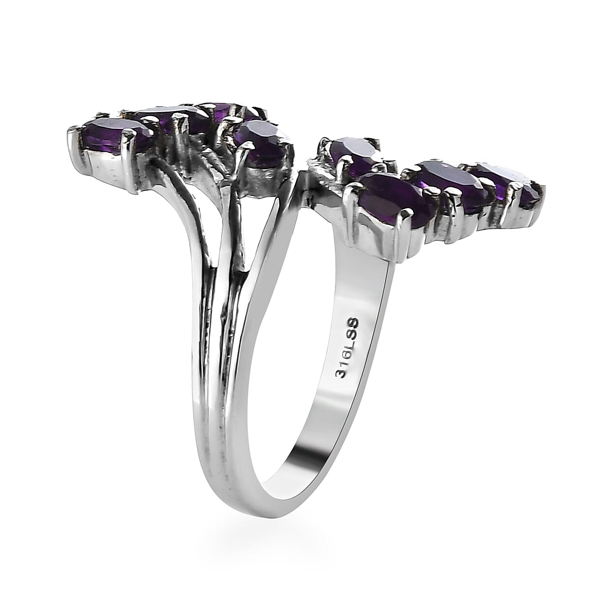 Amethyst Bypass Ring in Stainless Steel (Size 9.0) 1.75 ctw image number 3