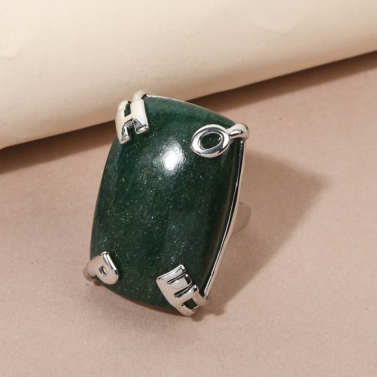 KARIS Green Aventurine Initial Prong Ring in Platinum Bond (Size 10.0) 37.00 ctw image number 1