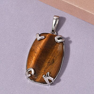 Karis Tiger's Eye Initial Prong Pendant without Chain in Platinum Bond 34.25 ctw