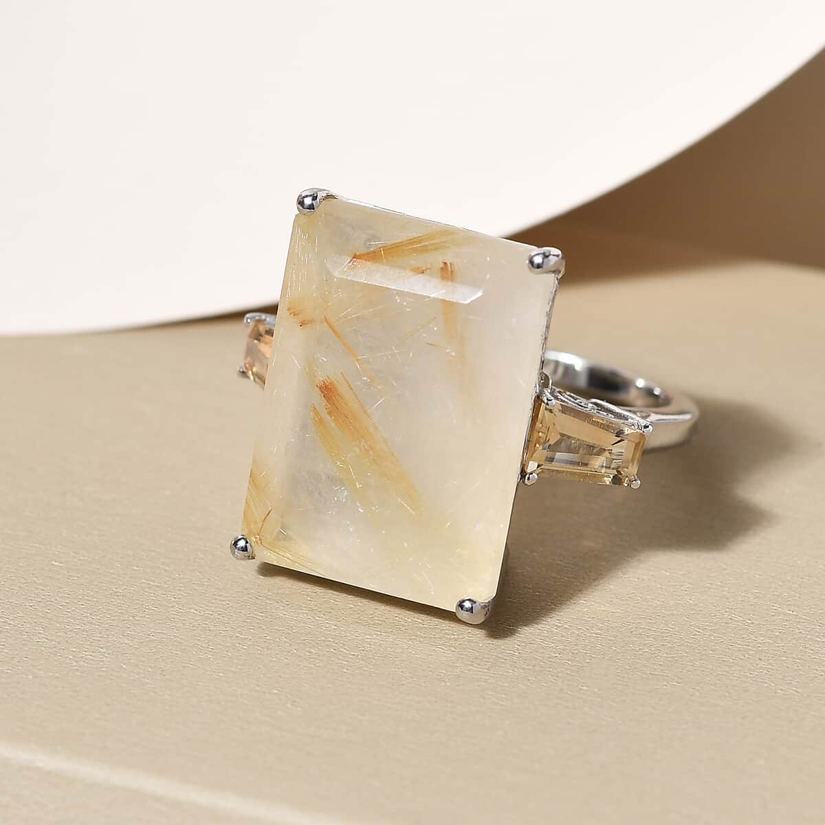 Golden Rutilated Quartz and Brazilian Citrine Ring in Platinum Over Sterling Silver (Size 9.0) 21.10 ctw image number 1
