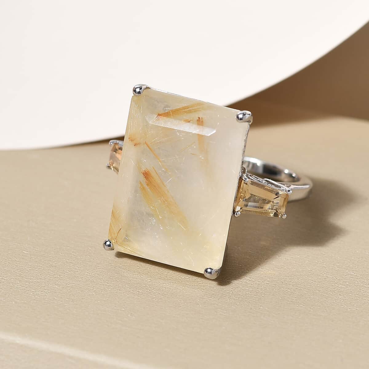 Golden Rutilated Quartz and Brazilian Citrine Ring in Platinum Over Sterling Silver (Size 7.0) 21.10 ctw image number 1