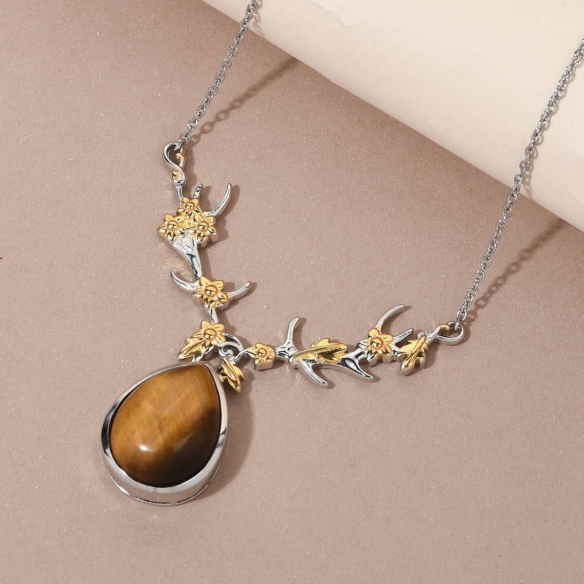 Karis Tiger's Eye Necklace 18 Inches in 18K YG Plated and Platinum Bond 14.65 ctw image number 1