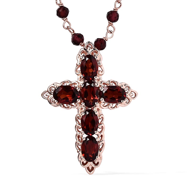 Karis Mozambique Garnet Necklace in 18K RG Plated, Cross Pendant  27.00 ctw
