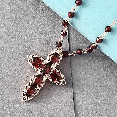 Karis Mozambique Garnet Necklace in 18K RG Plated, Cross Pendant  27.00 ctw