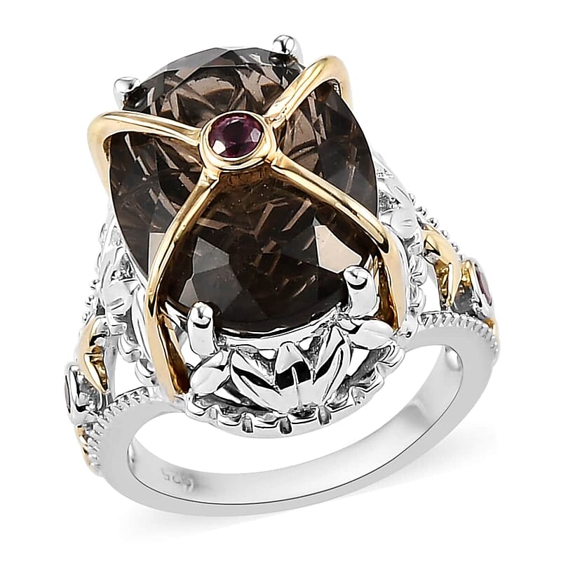 Colombianite Carved and Orissa Rhodolite Garnet Fancy Ring in Vermeil Yellow Gold and Platinum Over Sterling Silver (Size 10.0) 8.10 ctw