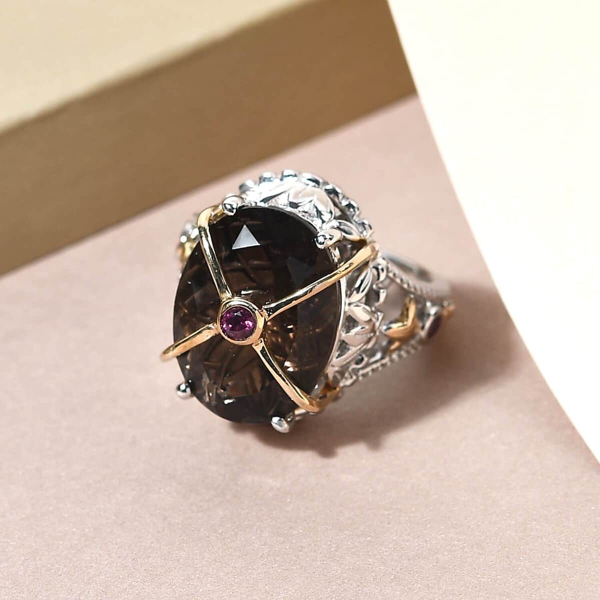 Columbianite Carved and Orissa Rhodolite Garnet Fancy Ring in Vermeil Yellow Gold and Platinum Over Sterling Silver (Size 10.0) 8.10 ctw image number 1