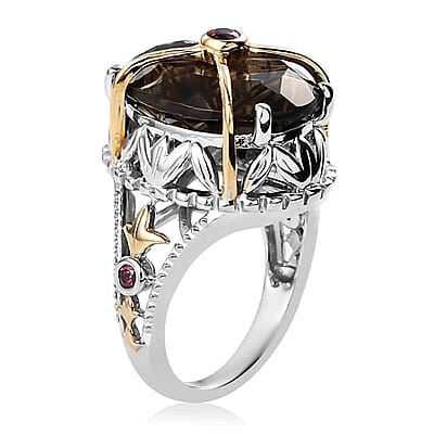 Colombianite Carved and Orissa Rhodolite Garnet Fancy Ring in Vermeil Yellow Gold and Platinum Over Sterling Silver (Size 10.0) 8.10 ctw