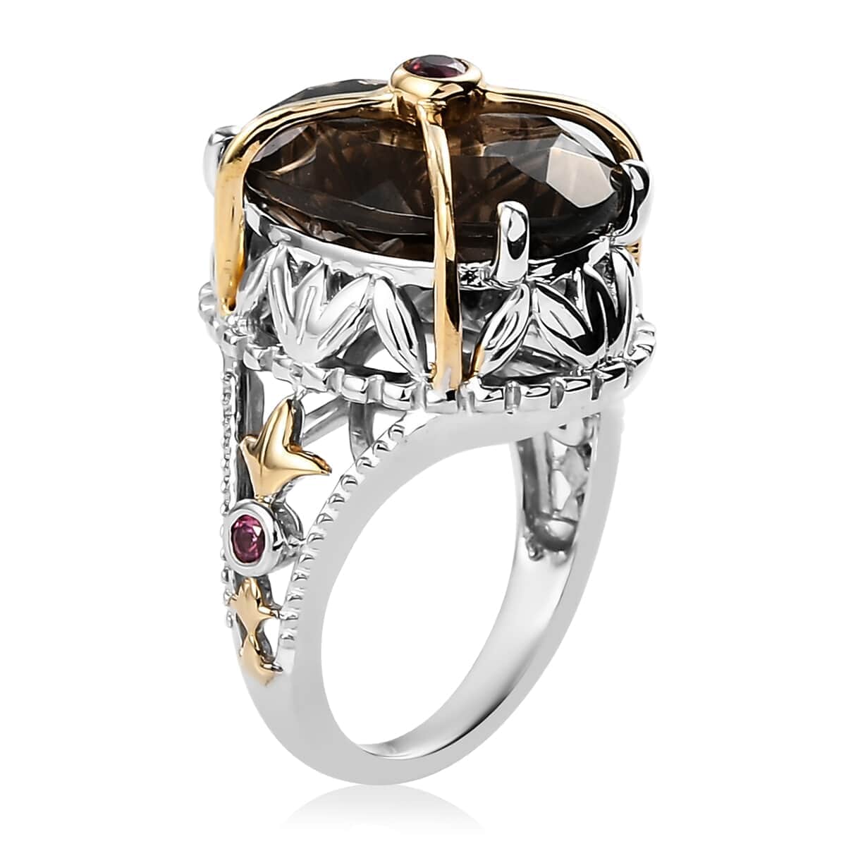 Columbianite Carved and Orissa Rhodolite Garnet Fancy Ring in Vermeil Yellow Gold and Platinum Over Sterling Silver (Size 10.0) 8.10 ctw image number 3