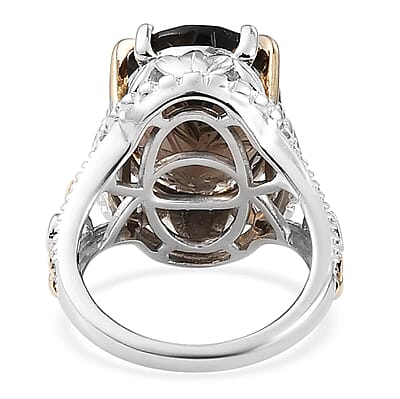 Colombianite Carved and Orissa Rhodolite Garnet Fancy Ring in Vermeil Yellow Gold and Platinum Over Sterling Silver (Size 10.0) 8.10 ctw