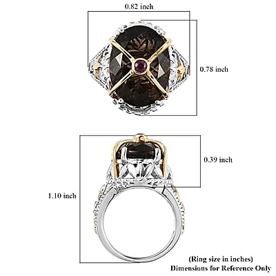 Colombianite Carved and Orissa Rhodolite Garnet Fancy Ring in Vermeil Yellow Gold and Platinum Over Sterling Silver (Size 10.0) 8.10 ctw