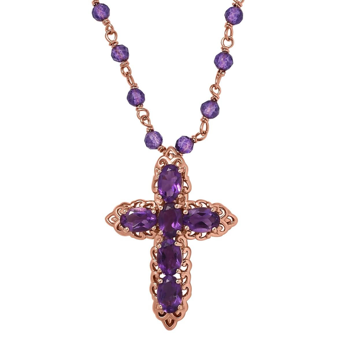 Karis Amethyst Cross Necklace 20 Inches in 18K Rose Gold Plated 15.20 ctw image number 0