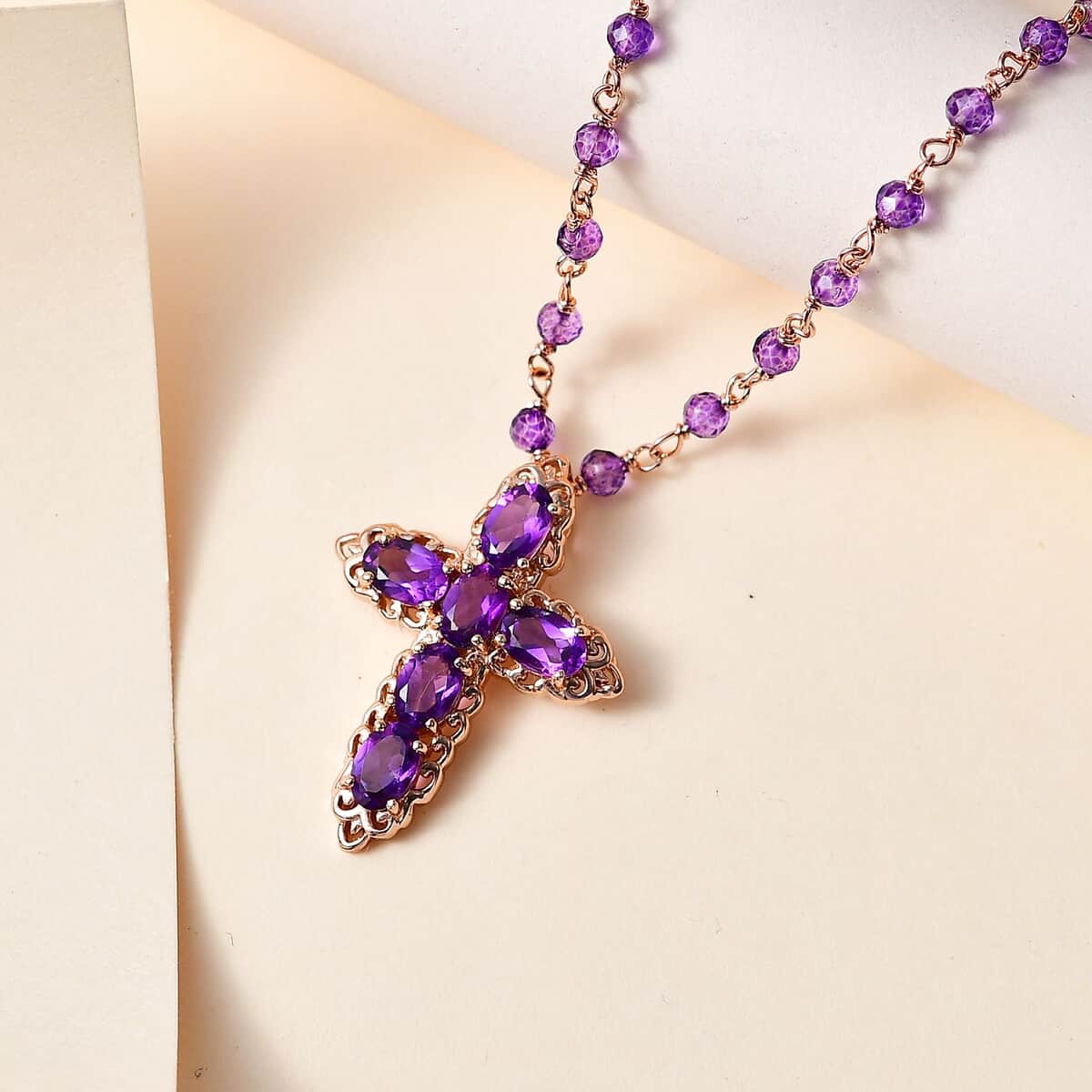 Karis Amethyst Cross Necklace 20 Inches in 18K Rose Gold Plated 15.20 ctw image number 1