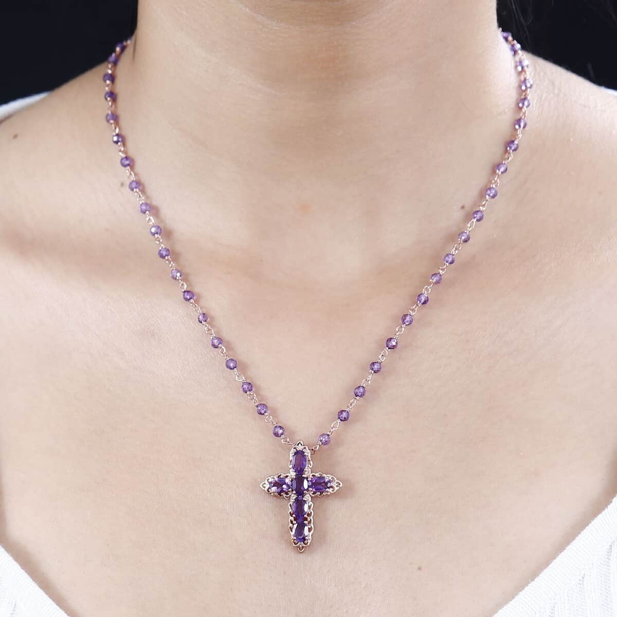 Karis Amethyst Cross Necklace 20 Inches in 18K Rose Gold Plated 15.20 ctw image number 2