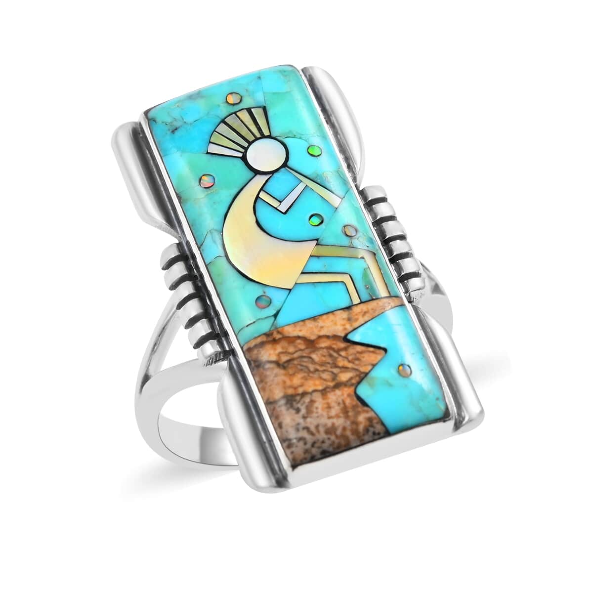 Santa Fe Style Turquoise and Multi Gemstone Kokopelli Ring in Sterling Silver (Size 10.0) 0.90 ctw image number 0