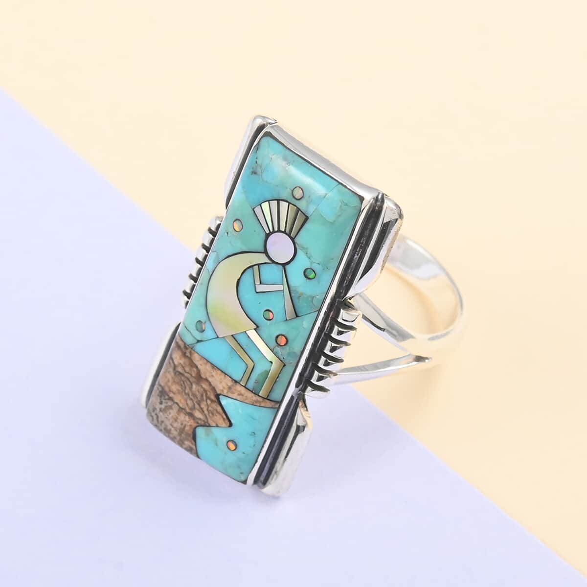 Santa Fe Style Turquoise and Multi Gemstone Kokopelli Ring in Sterling Silver (Size 10.0) 0.90 ctw image number 1