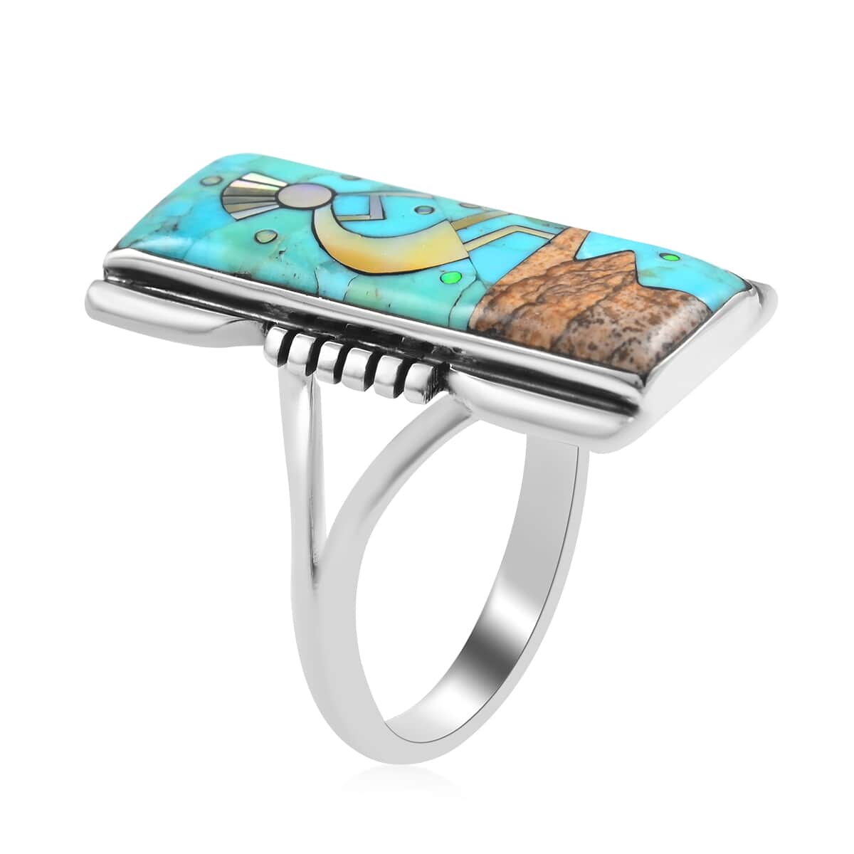 Santa Fe Style Turquoise and Multi Gemstone Kokopelli Ring in Sterling Silver (Size 10.0) 0.90 ctw image number 3