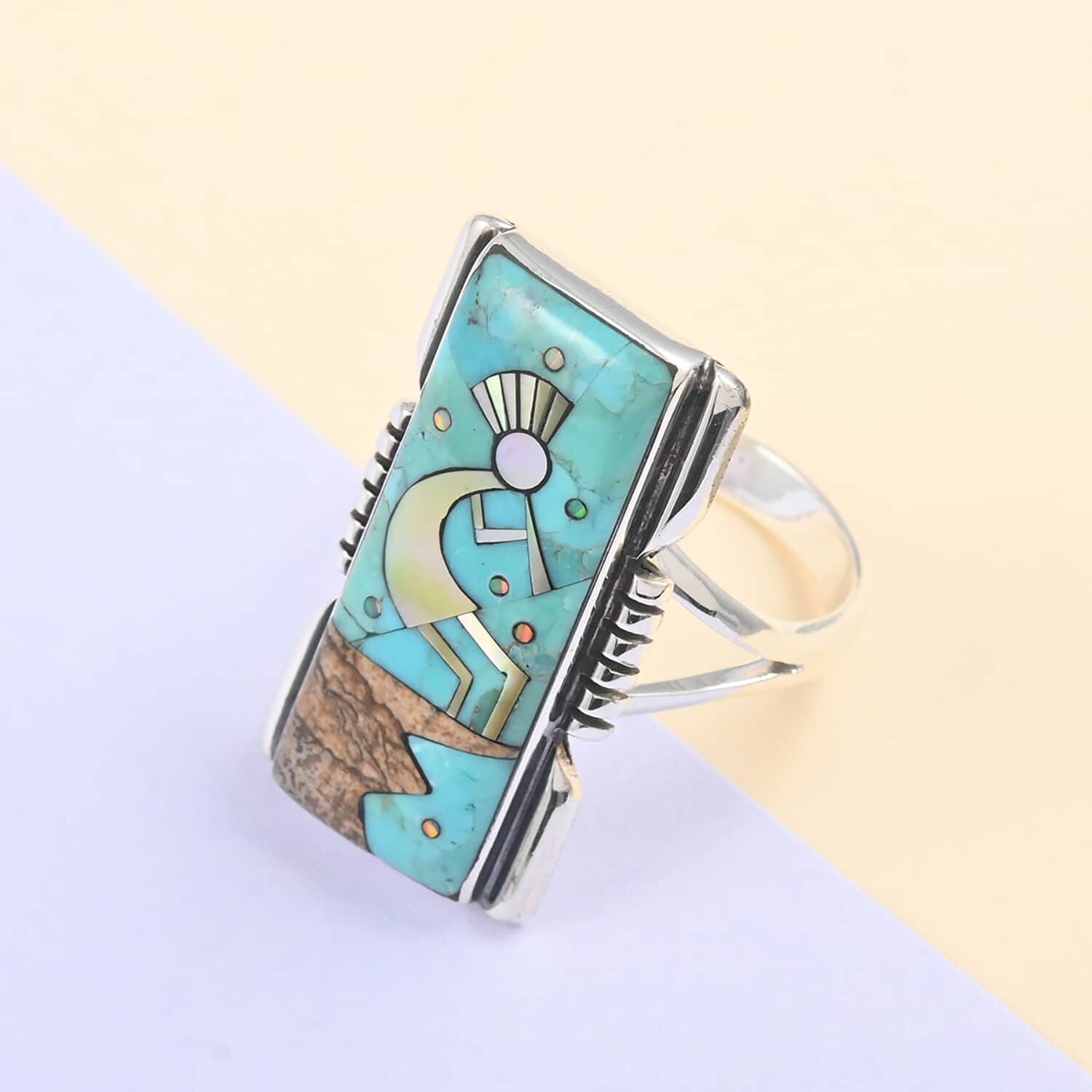 Santa Fe Style Multi-Gemstone Turquoise Ring top Size 11 Sterling Silver