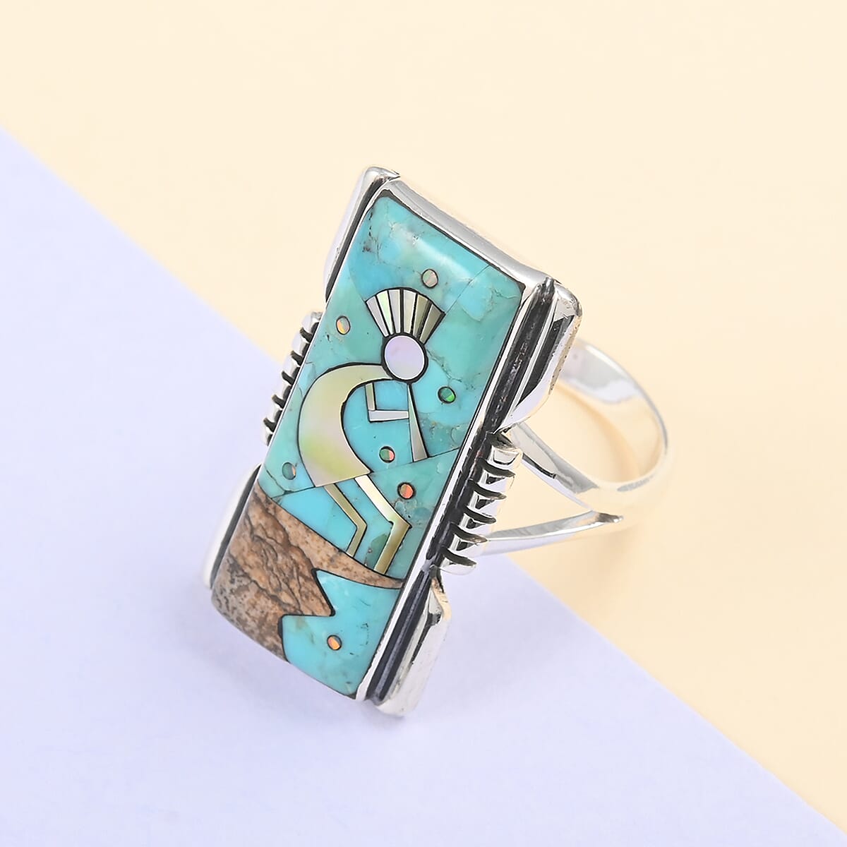 Santa Fe Style Turquoise and Multi Gemstone 8.00 ctw Kokopelli Ring in Sterling Silver (Size 11.0) image number 1