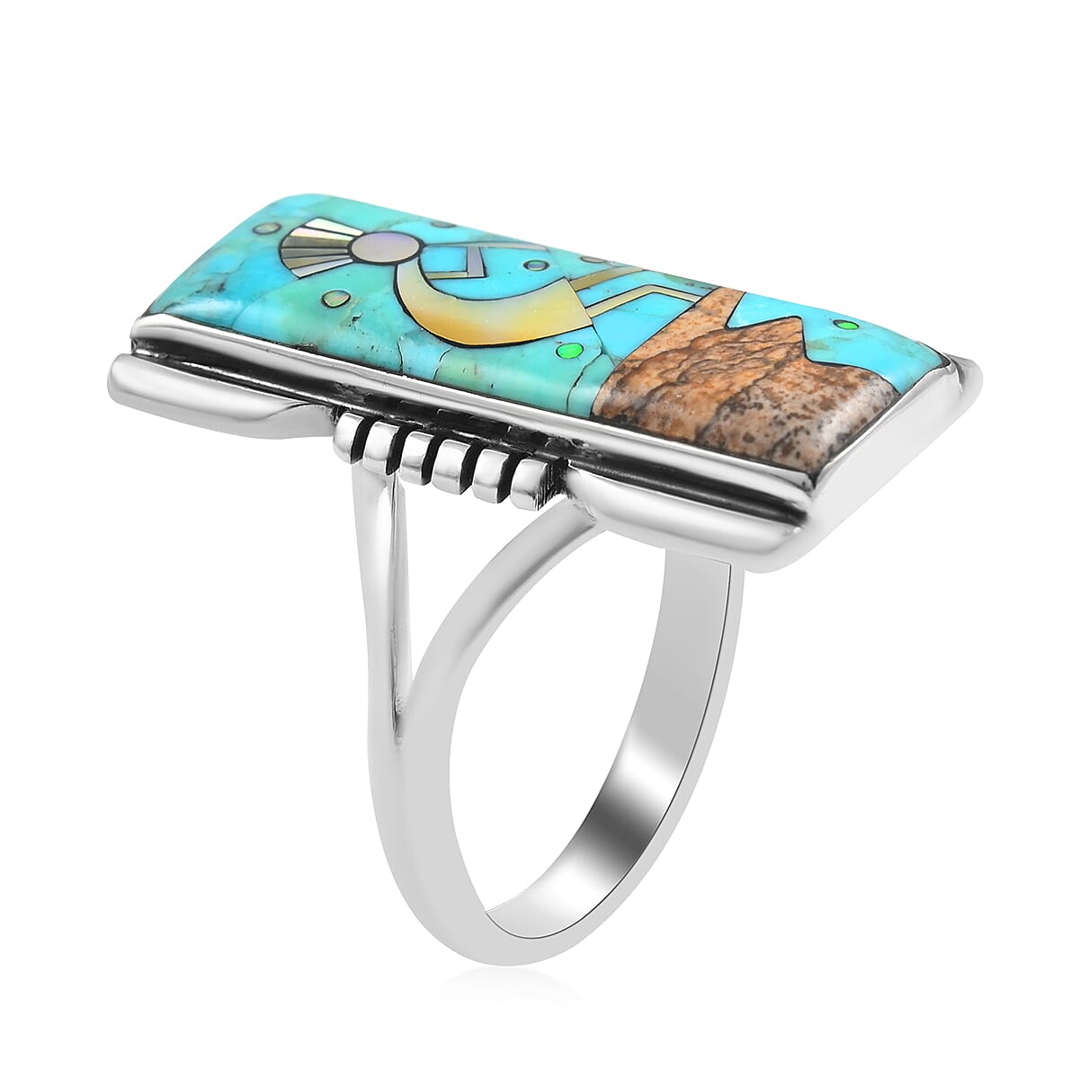 Santa Fe Style Turquoise and Multi Gemstone 8.00 ctw Kokopelli Ring in Sterling Silver (Size 11.0) image number 3